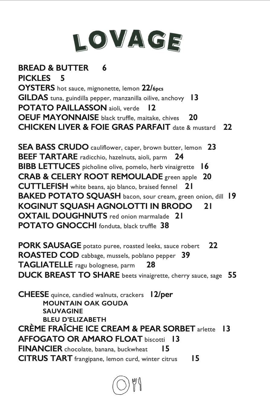 Lovage dinner menu