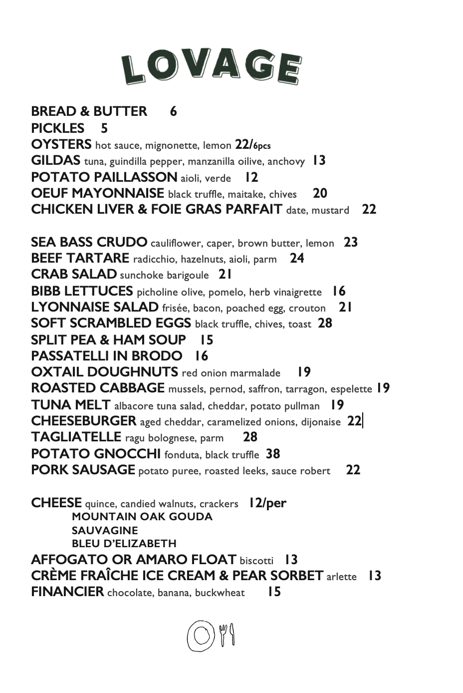 Lovage lunch menu